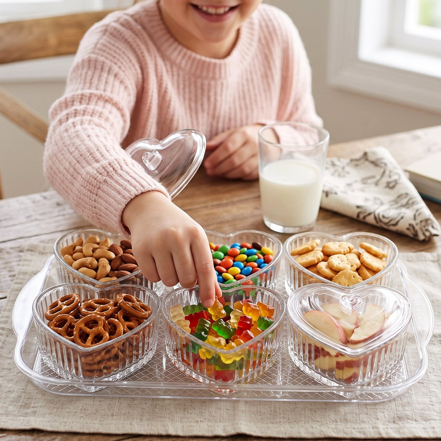 Set of six Wukusy heart-shaped dessert bowls with matching tray and lids, perfect for serving sweets and snacks.