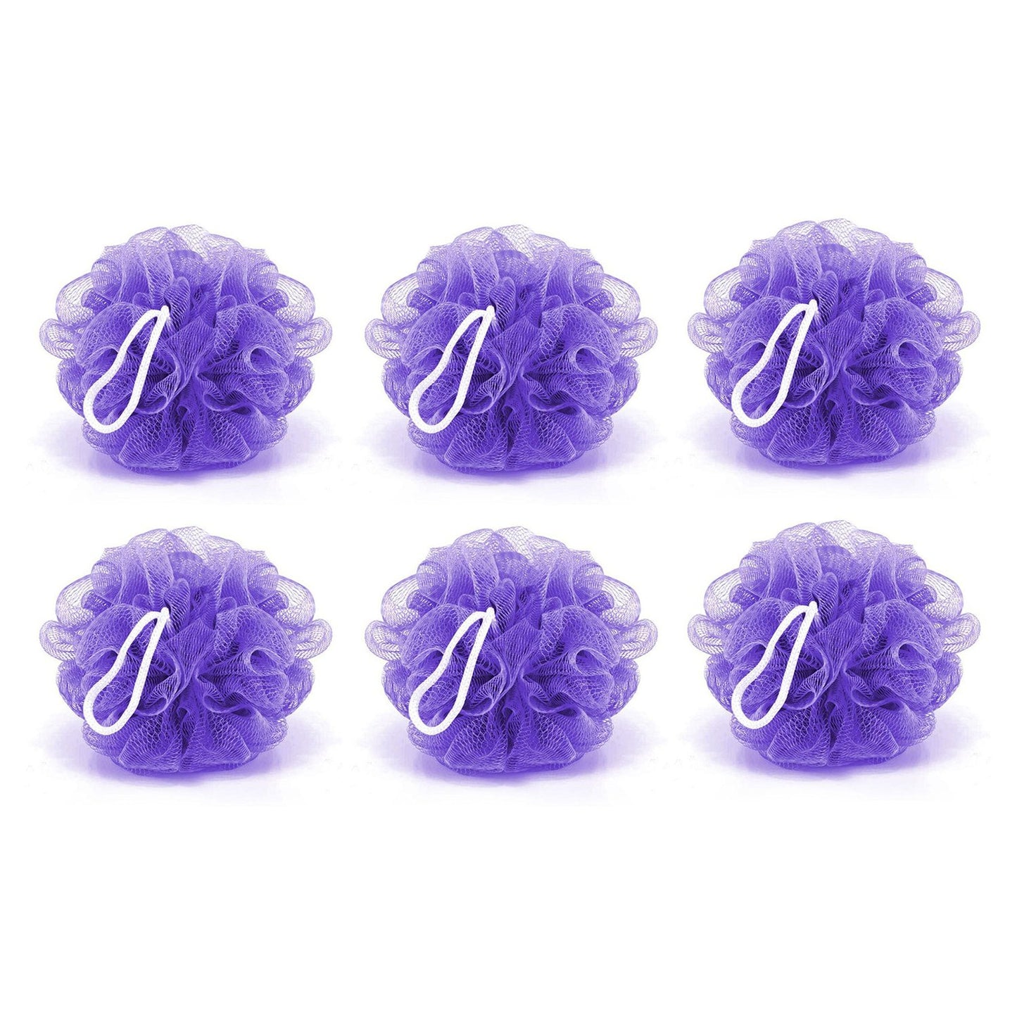 Six Wukusy bath shower loofah sponge poufs for body scrubbing, soft mesh exfoliating bath scrubbers, in a pack of six.