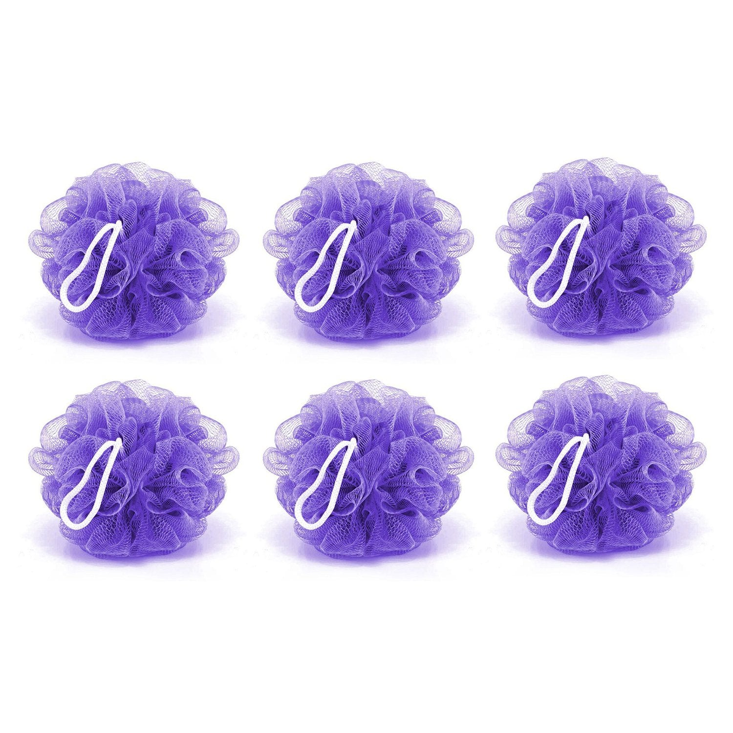 Six Wukusy bath shower loofah sponge poufs for body scrubbing, soft mesh exfoliating bath scrubbers, in a pack of six.
