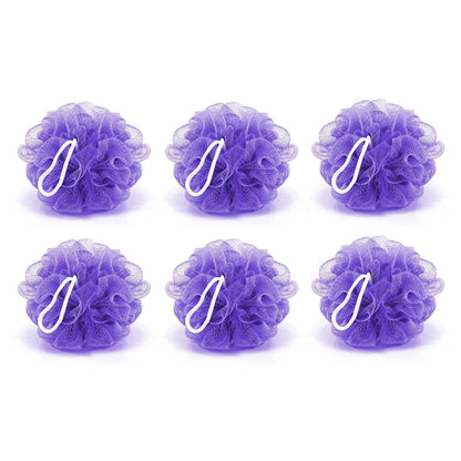 Six Wukusy bath shower loofah sponge poufs for body scrubbing, soft mesh exfoliating bath scrubbers, in a pack of six.