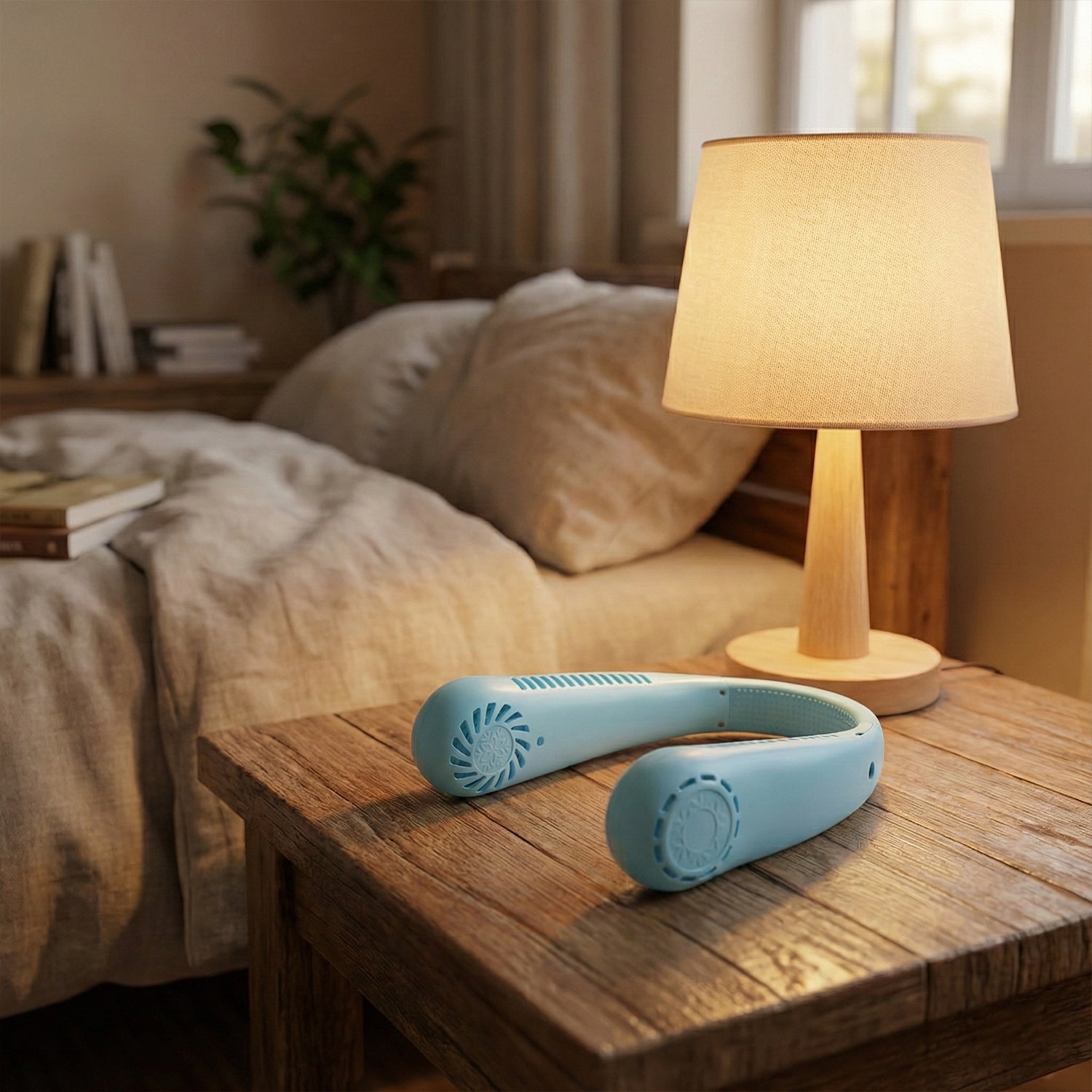 Wukusy B Grade rechargeable hanging neck fan with adjustable straps and dual fans for hands-free cooling.
