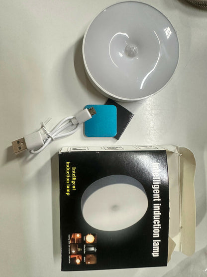 Wukusy rechargeable motion sensor LED night light with USB charging, shown illuminating in a dark room.