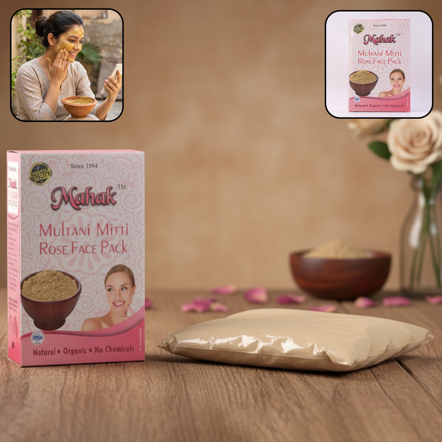 Wukusy Herbal Multani Mitti Rose Face Pack in an 80g jar, featuring a pink rose-based face mask with natural clay and herbal ingredients.