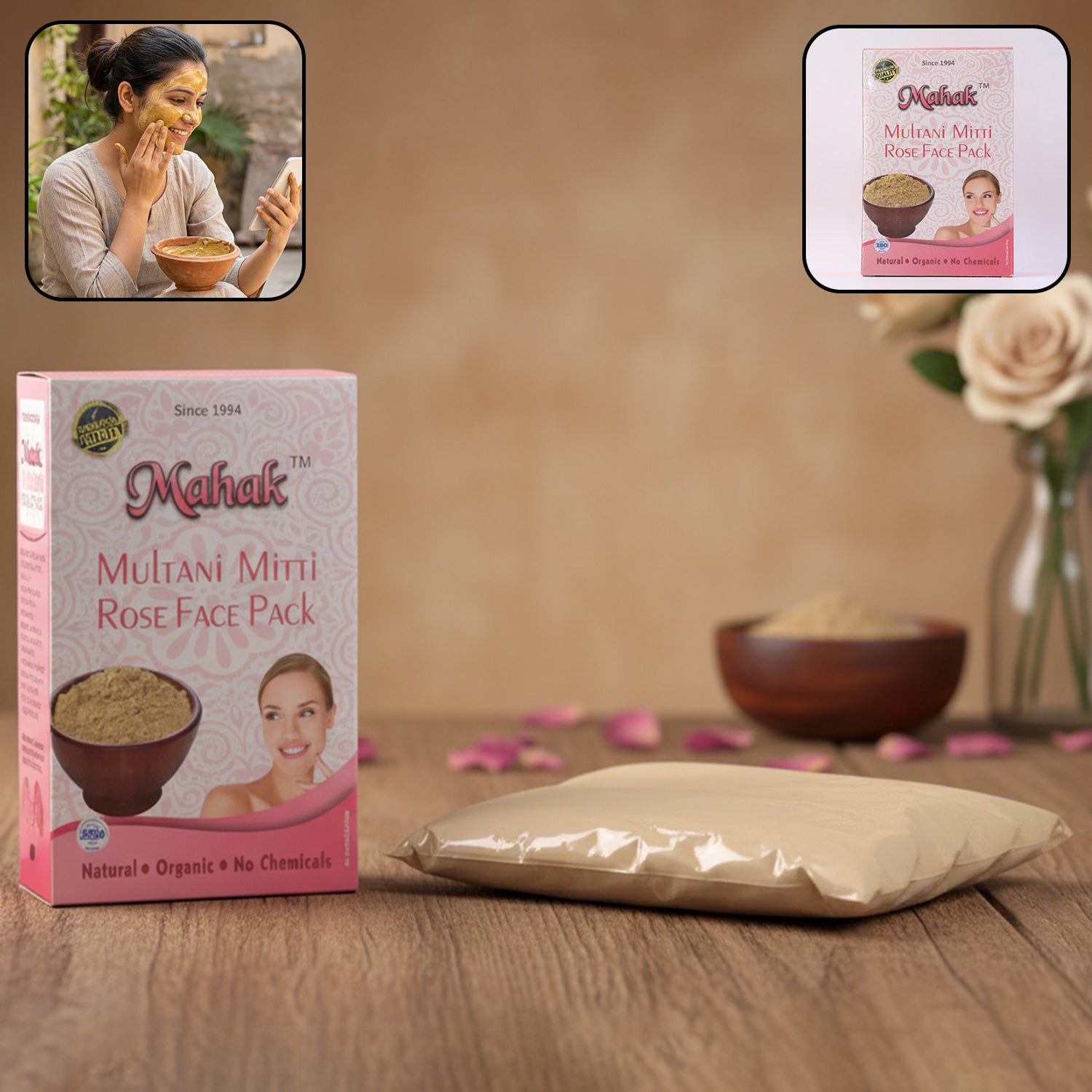 Wukusy Herbal Multani Mitti Rose Face Pack in an 80g jar, featuring a pink rose-based face mask with natural clay and herbal ingredients.