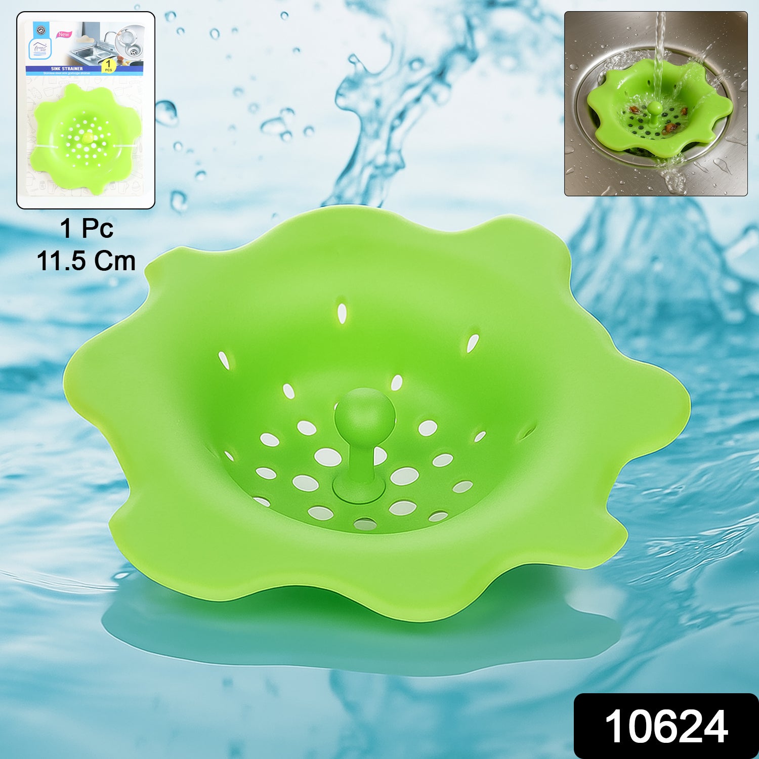 Flexible silicone sink strainer by Wukusy, drain hair catcher for preventing clogs in kitchen or bathroom sinks.