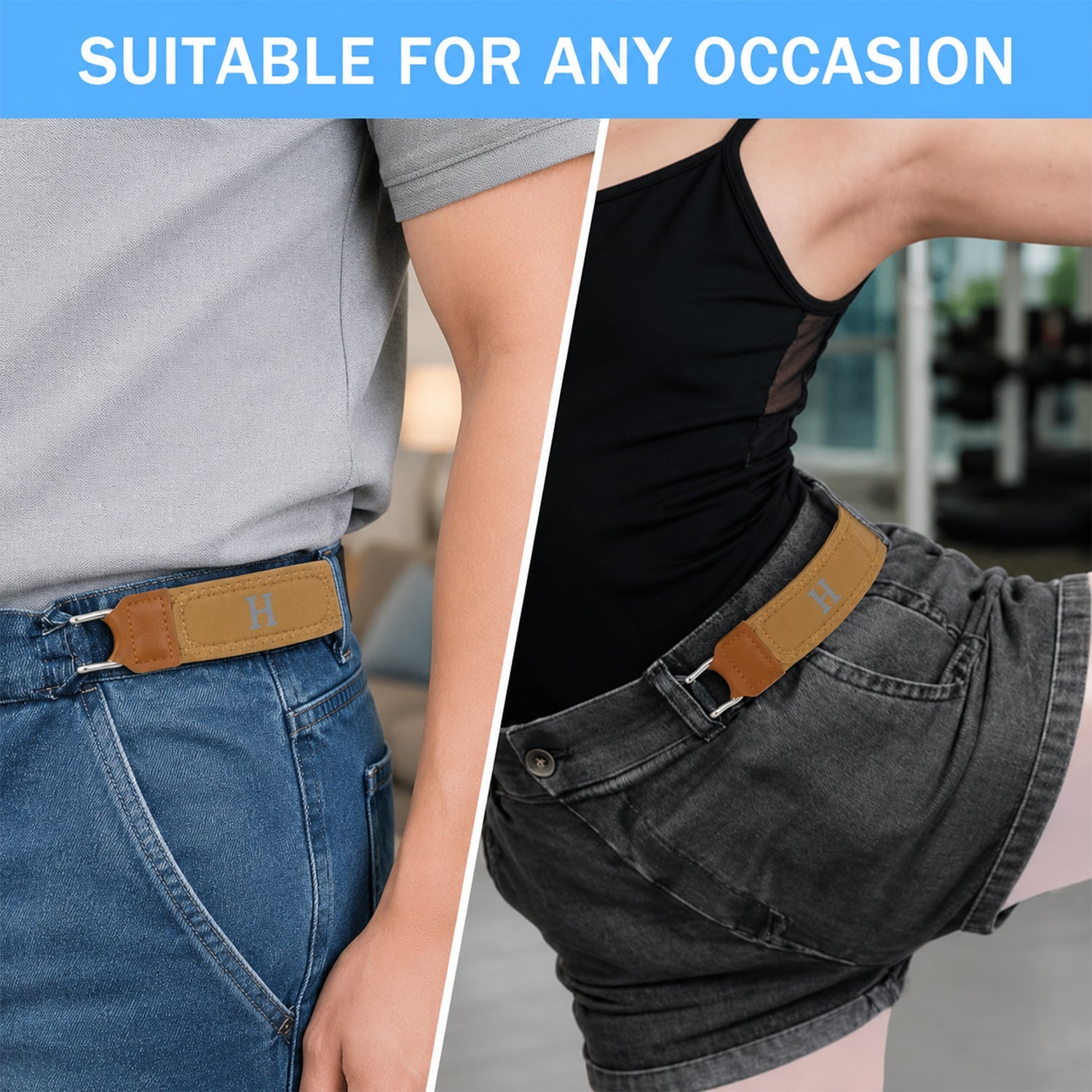 Wukusy buckle-less elastic stretch waist belt shown flat, seamless design for a no-bulge, comfortable fit, black color on plain background.