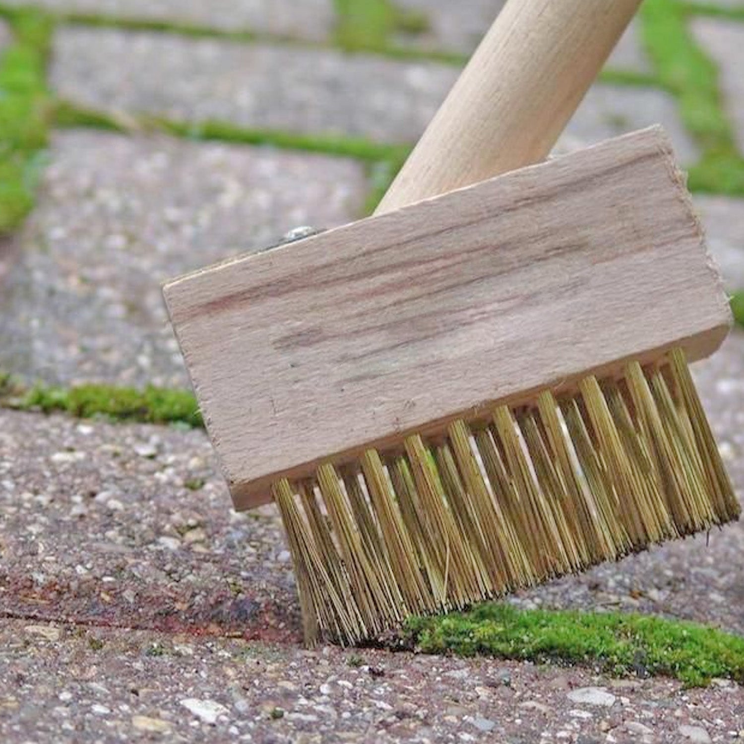 Wukusy wooden block paving brush for patio cleaning and weed removal, featuring sturdy bristles for home improvement tasks.