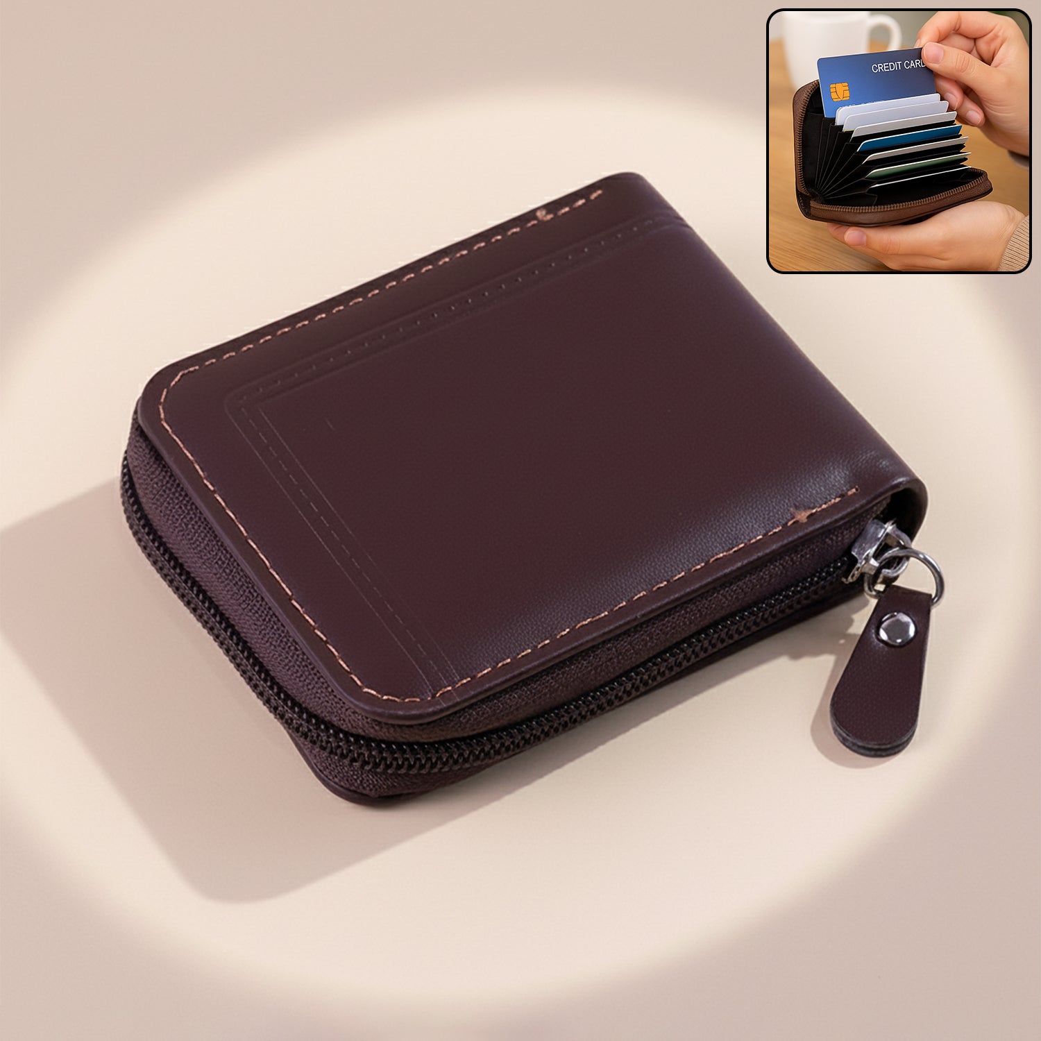 Wukusy premium zip-around travel card holder wallet with multiple card slots and secure zipper closure.
