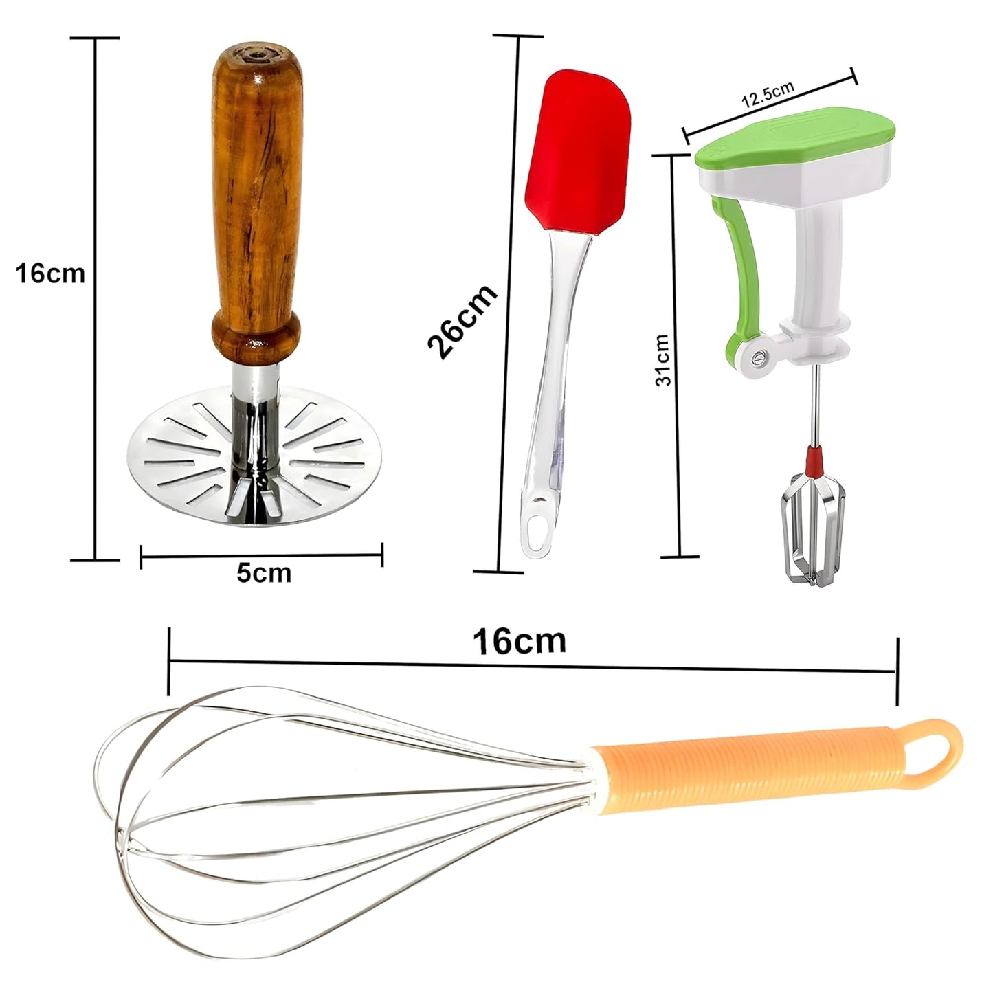 Wukusy kitchen tool set including steel potato masher, manual whisk, spatula, pastry brush, and hand-powered blender for cooking and baking.