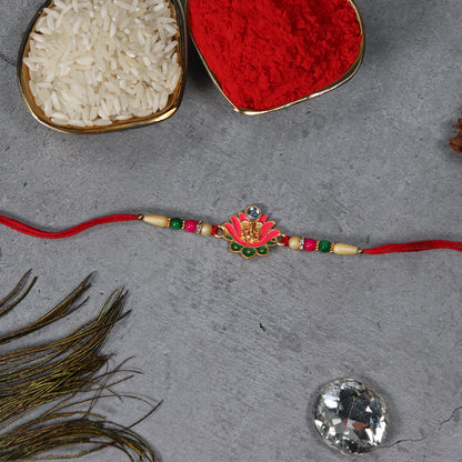 Wukusy Ganesh Lotus Leaf Designer Motif Rakhi featuring intricate craftsmanship and vibrant colors for festive celebrations.