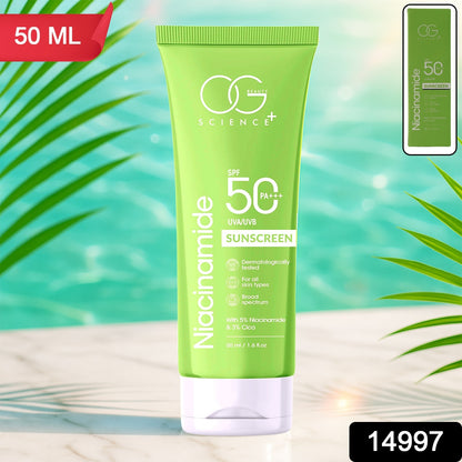 Wukusy Og Beauty Niacinamide Sunscreen SPF 50 PA+++ bottle with pump dispenser and label, sunscreen product for skincare protection.