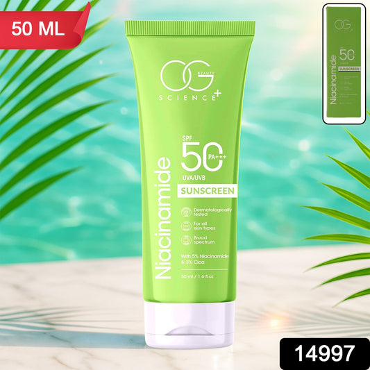 Wukusy Og Beauty Niacinamide Sunscreen SPF 50 PA+++ bottle with pump dispenser and label, sunscreen product for skincare protection.