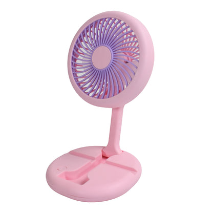 Wukusy USB rechargeable portable fan with LED light, foldable design, heavy-duty build, and charging port for home and outdoor use.