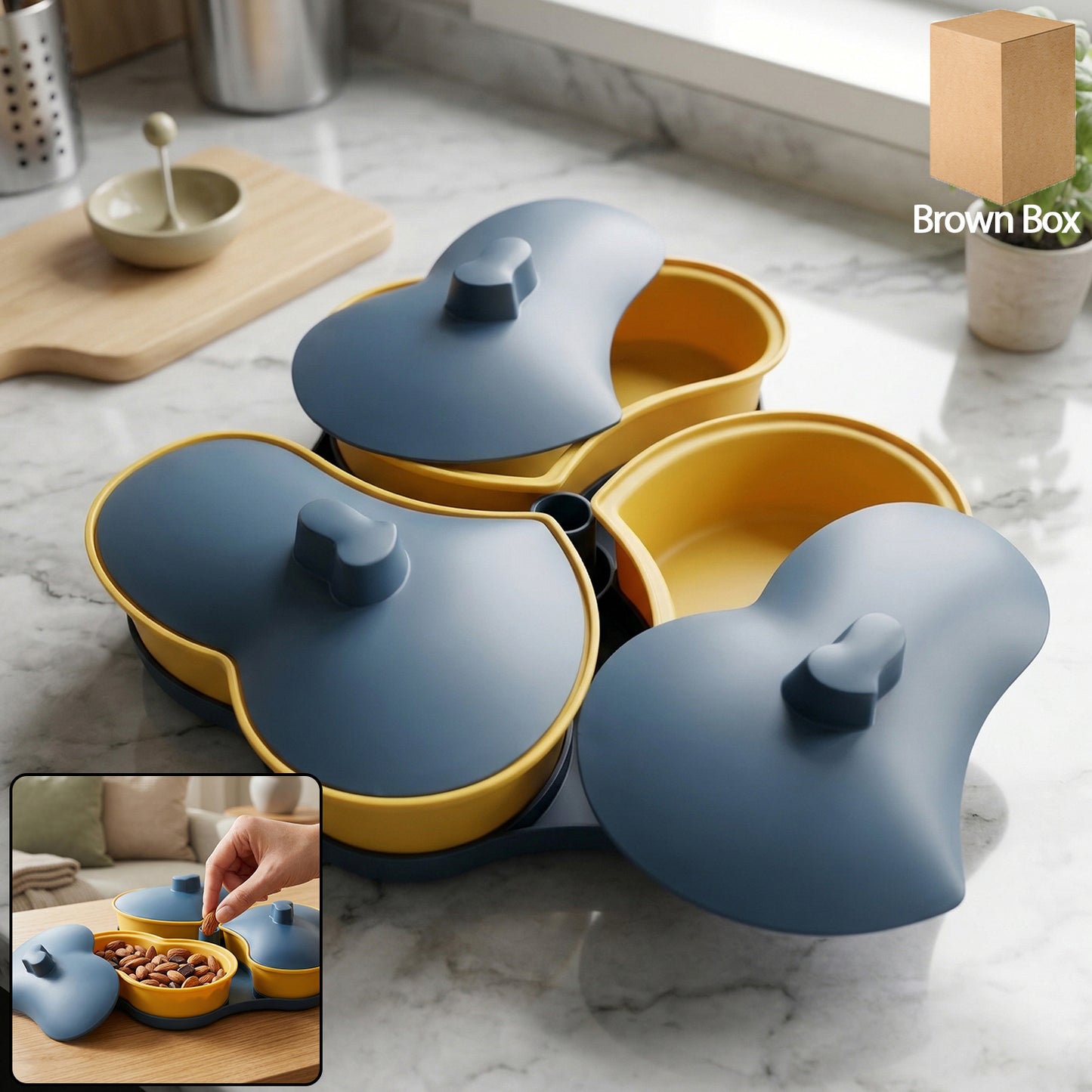Wukusy multipurpose 3-section snack serving tray with lid, featuring three compartments for snacks and a clear lid for easy storage.