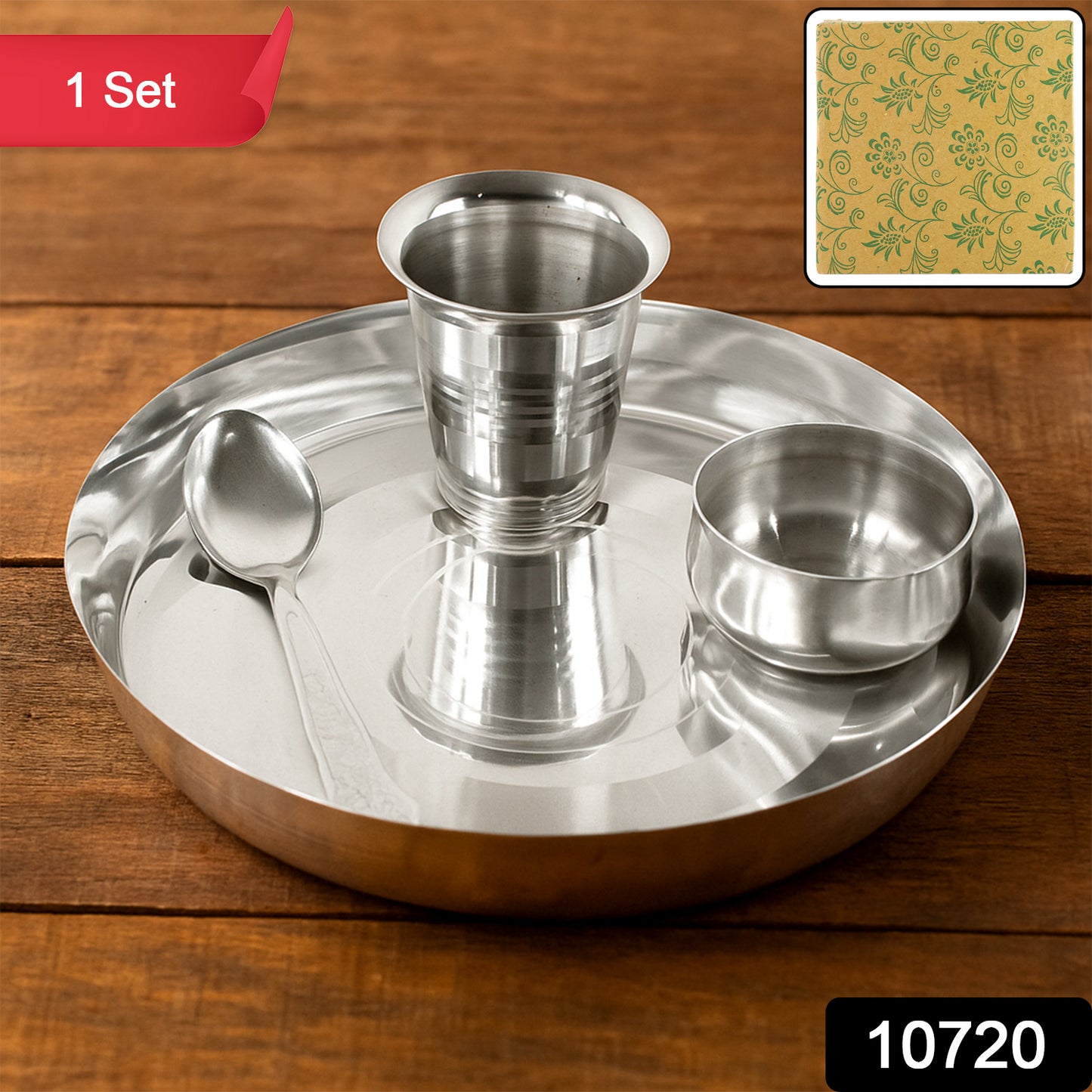 Set of stainless steel Pooja Thali for home improvement by Wukusy, featuring traditional design and multiple utensils for prayer rituals.