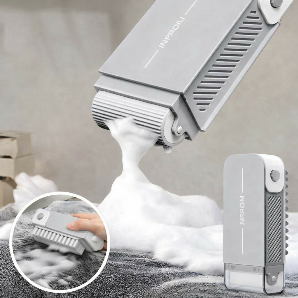 Wukusy liquid dispensing cleaning brush with built-in soap dispenser, showing handle and brush head in a home cleaning setting