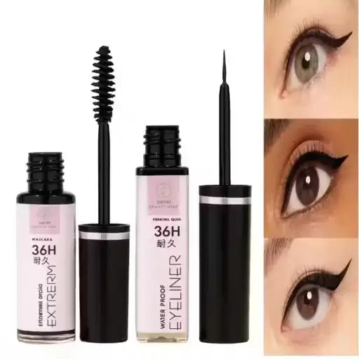 All Beauty waterproof eyeliner and volumizing mascara combo pack with black and brown shades, featuring sleek pencil and mascara tube.