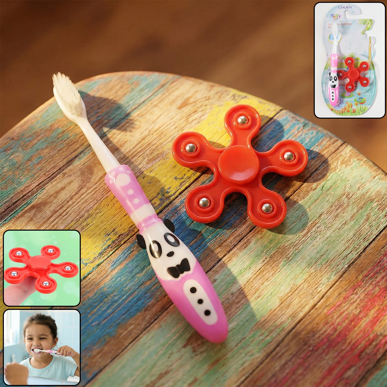 Kids' toothbrush and fidget spinner toy set by Wukusy, featuring a colorful toothbrush and spinning toy for children.