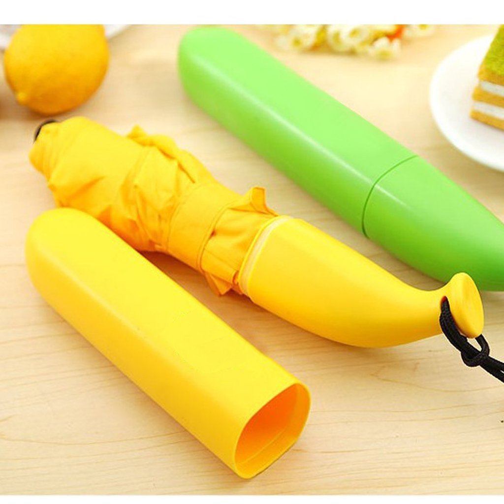 Wukusy stylish banana-shaped mini foldable travel umbrella open, showing vibrant yellow canopy and compact design.