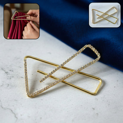 Golden crystal triangle saree safety pin brooch by Wukusy, featuring a decorative crystal design for saree fastening.
