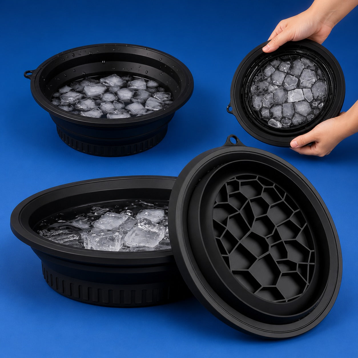 Wukusy collapsible ice bath bowl for facial ice therapy and skin care, shown in a compact, foldable blue design.
