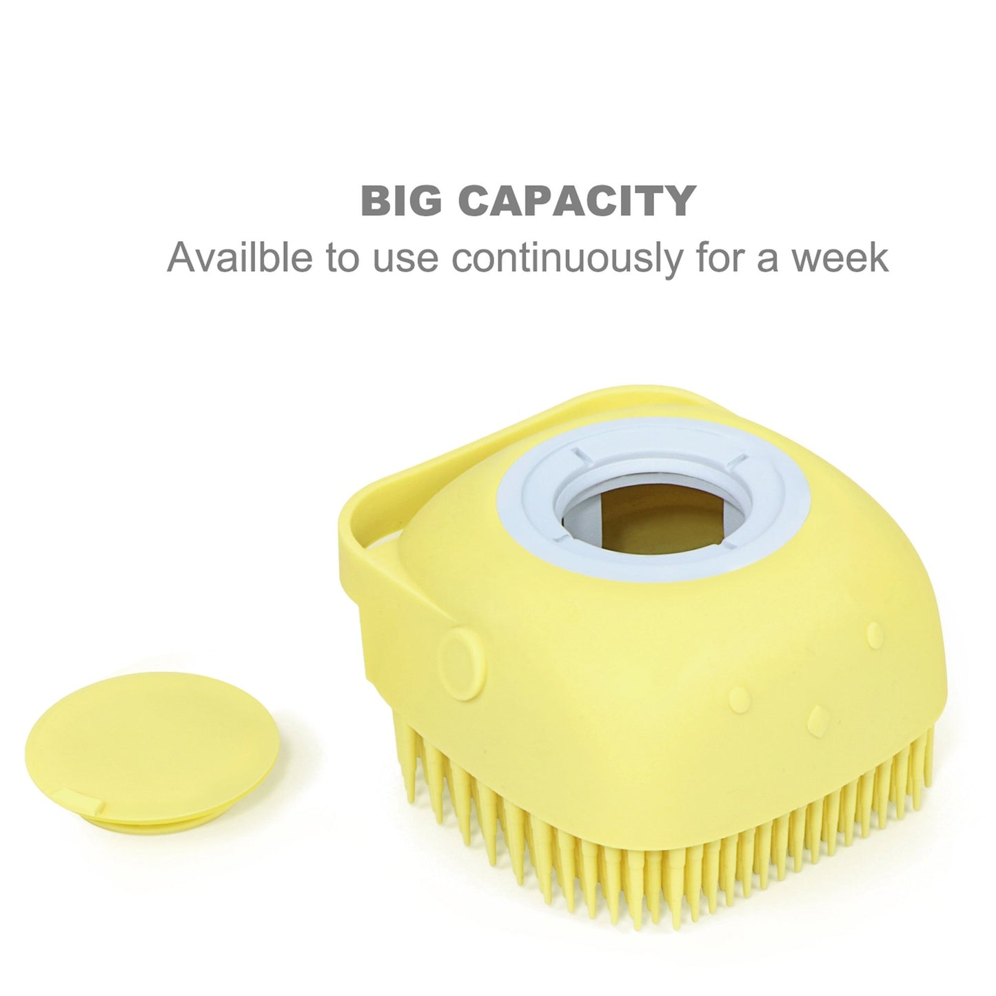 Wukusy silicone massage bath body brush with built-in shampoo dispenser, soft bristles for gentle cleansing and massage.
