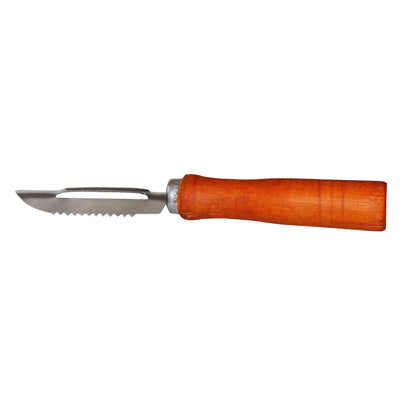Wukusy vegetable peeler with wooden handle and stainless steel blade for kitchen peeling tasks.