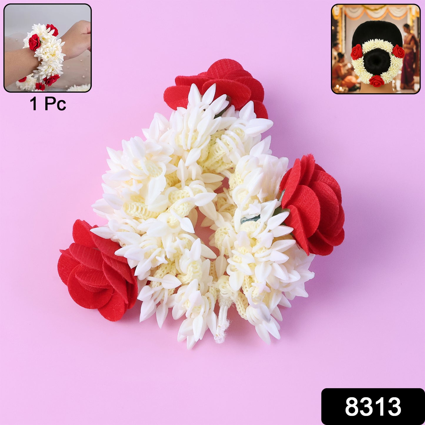 Traditional artificial flower Gajra by Wukusy, showing a delicate floral garland for festive or ceremonial wear.