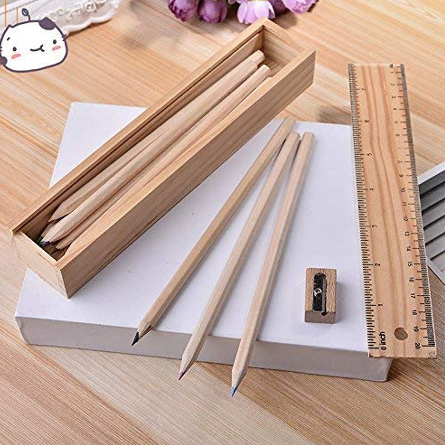 Colorful wooden pencil set with box, ruler, and sharpener by Wukusy, ideal for kids, artists, and architects.