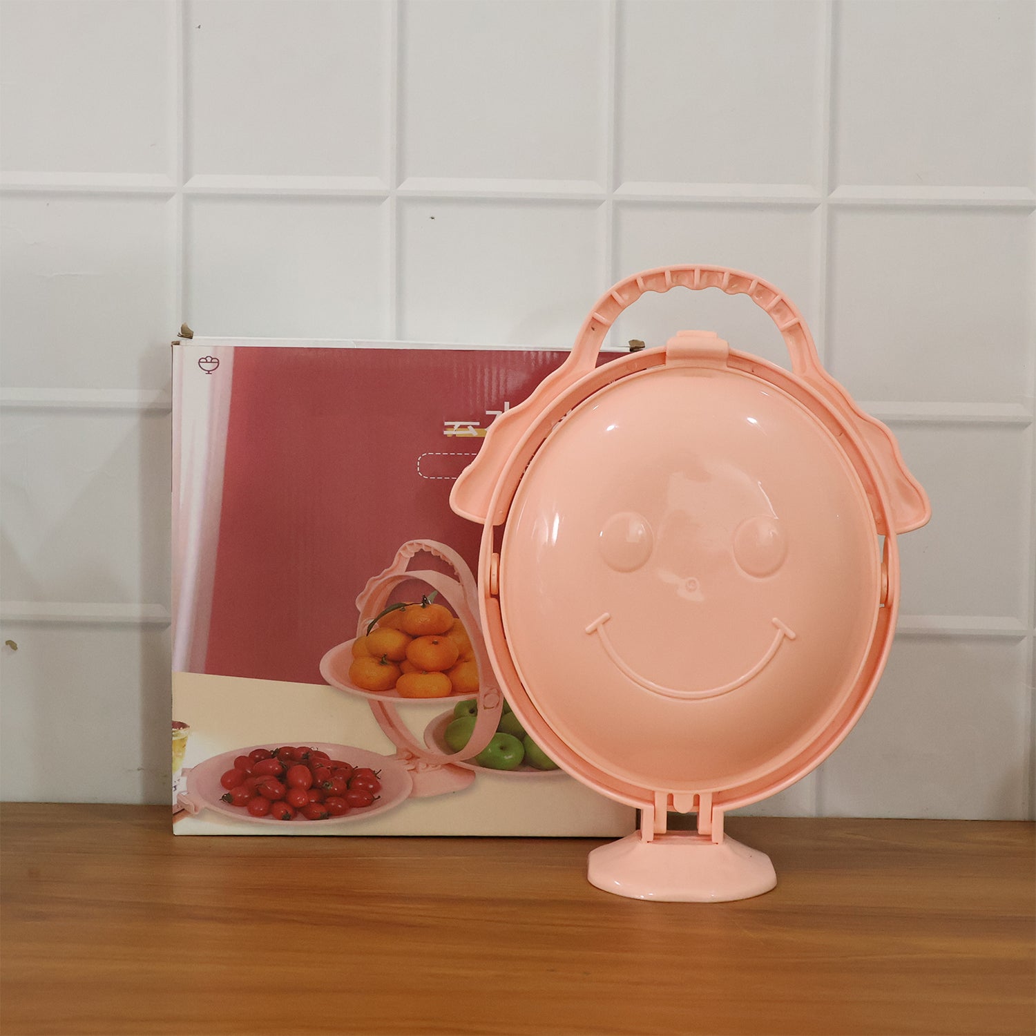 Wukusy 3-layer foldable multi-purpose snack and dessert serving stand displaying assorted fruits and treats.