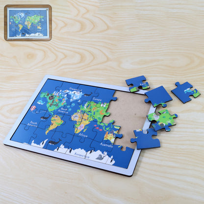 Wooden world map puzzle for kids by Wukusy, educational toy with colorful interlocking pieces illustrating continents and countries.
