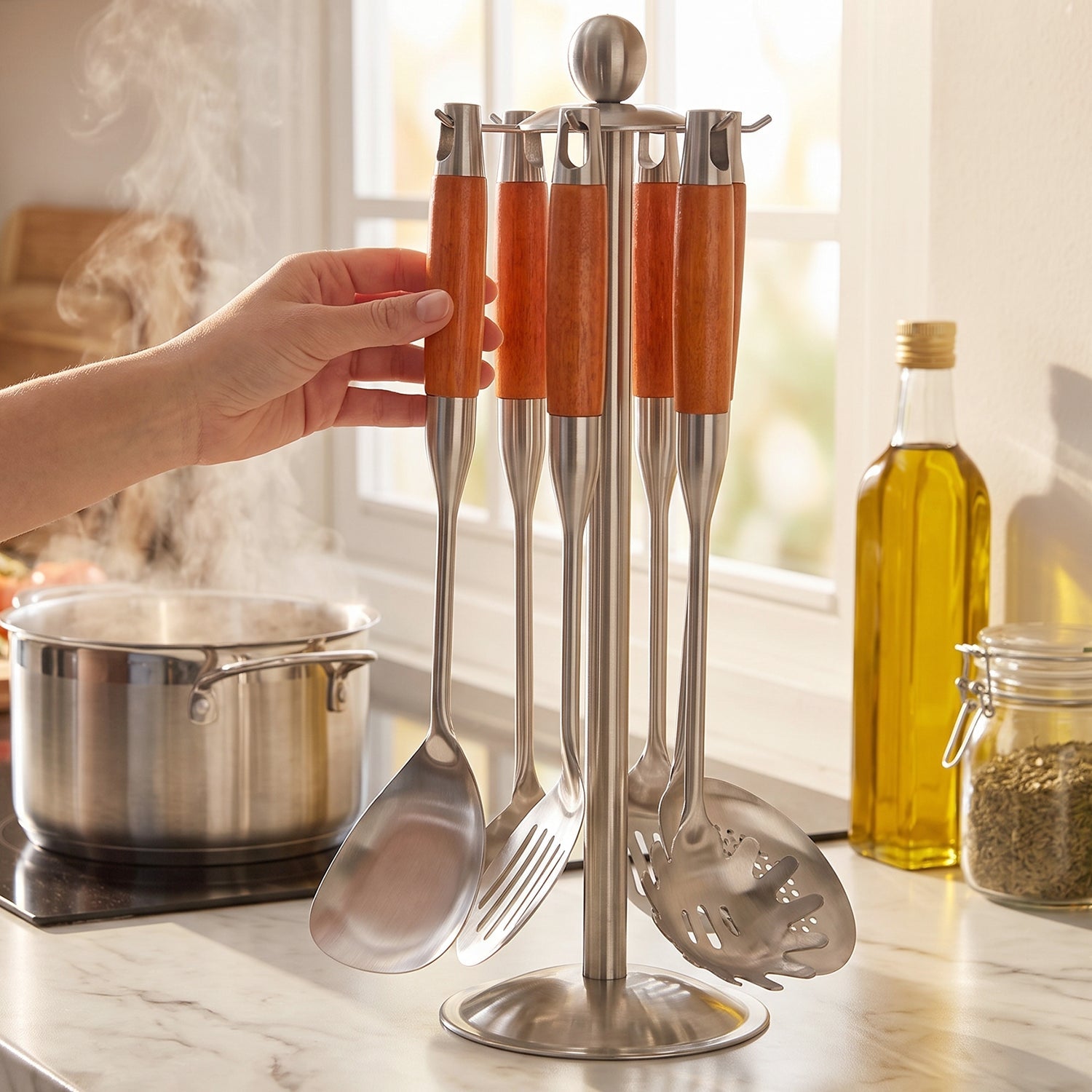 7 In 1 Stainless Steel Kitchen Tool Set With Wooden Handles And Stand (1 Set)