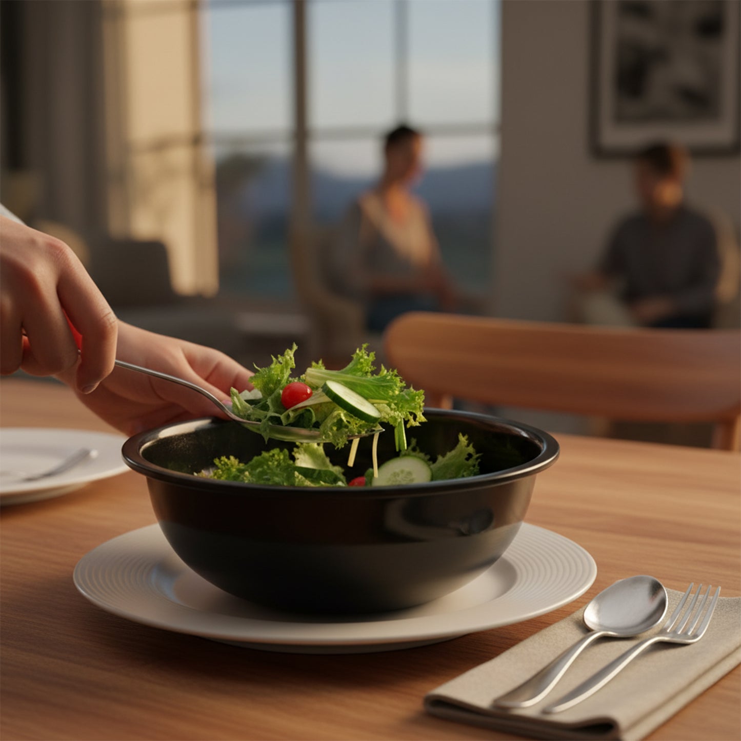 Black plastic 6-inch round deep serving bowl from Wukusy, ideal for home and kitchen use, shown with its deep, smooth interior.