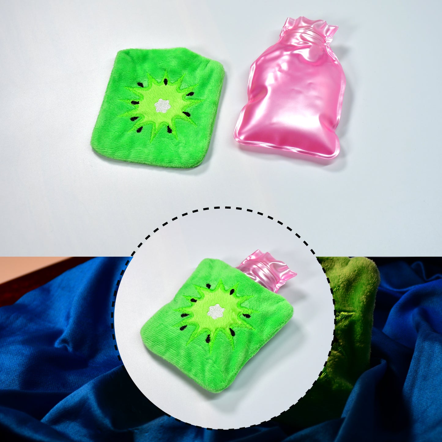 Green Sun small hot water bag with cover by Wukusy, used for pain relief, neck, shoulder, hand, foot warmth, and menstrual cramps.