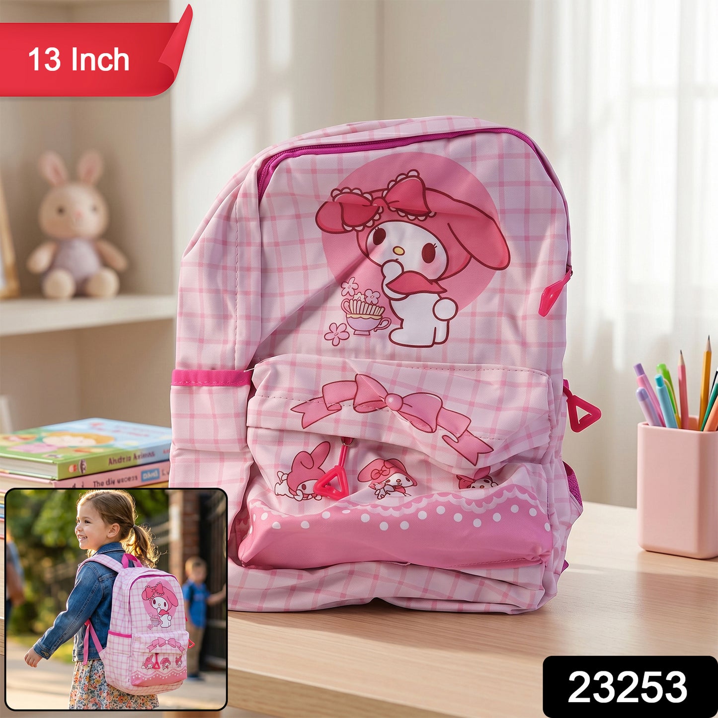 Wukusy cute bow and bunny design 13-inch backpack with colorful pattern, featuring adorable bow and bunny details.