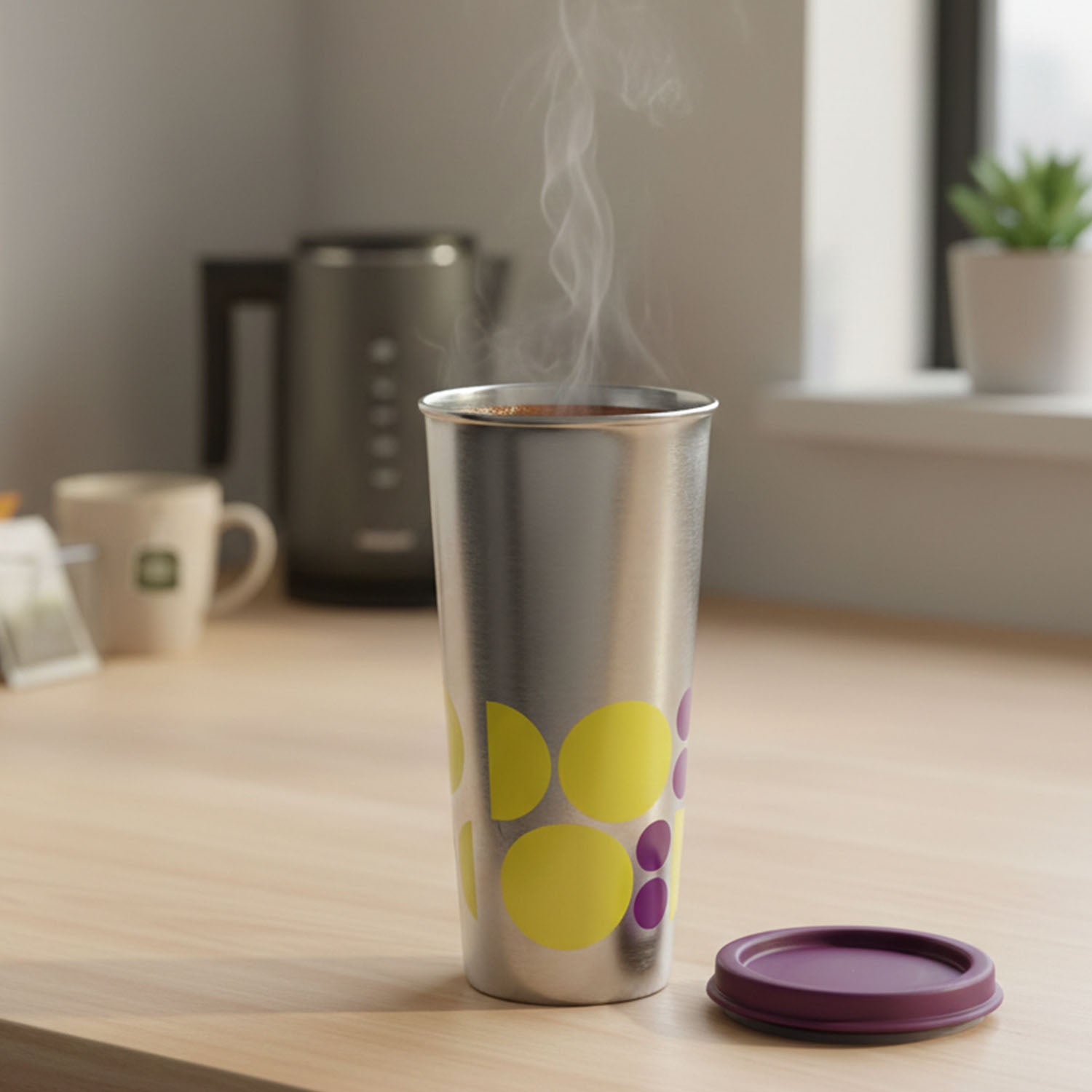 Wukusy Supermom 600ml stainless steel printed travel tumbler with colorful design, spill-proof lid, and ergonomic grip.