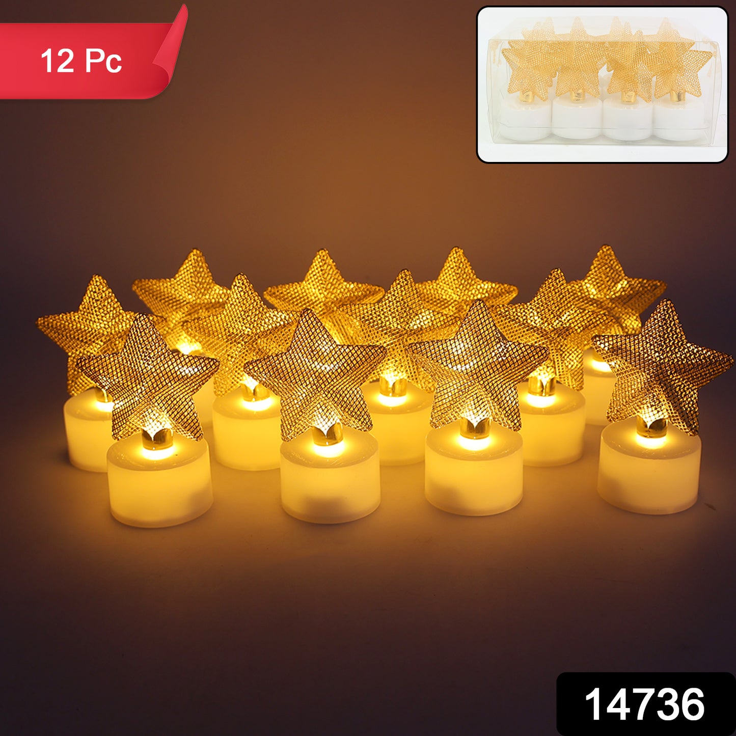 Set of 12 decorative LED star candles in a home decor arrangement, featuring glowing star-shaped lights by Wukusy.