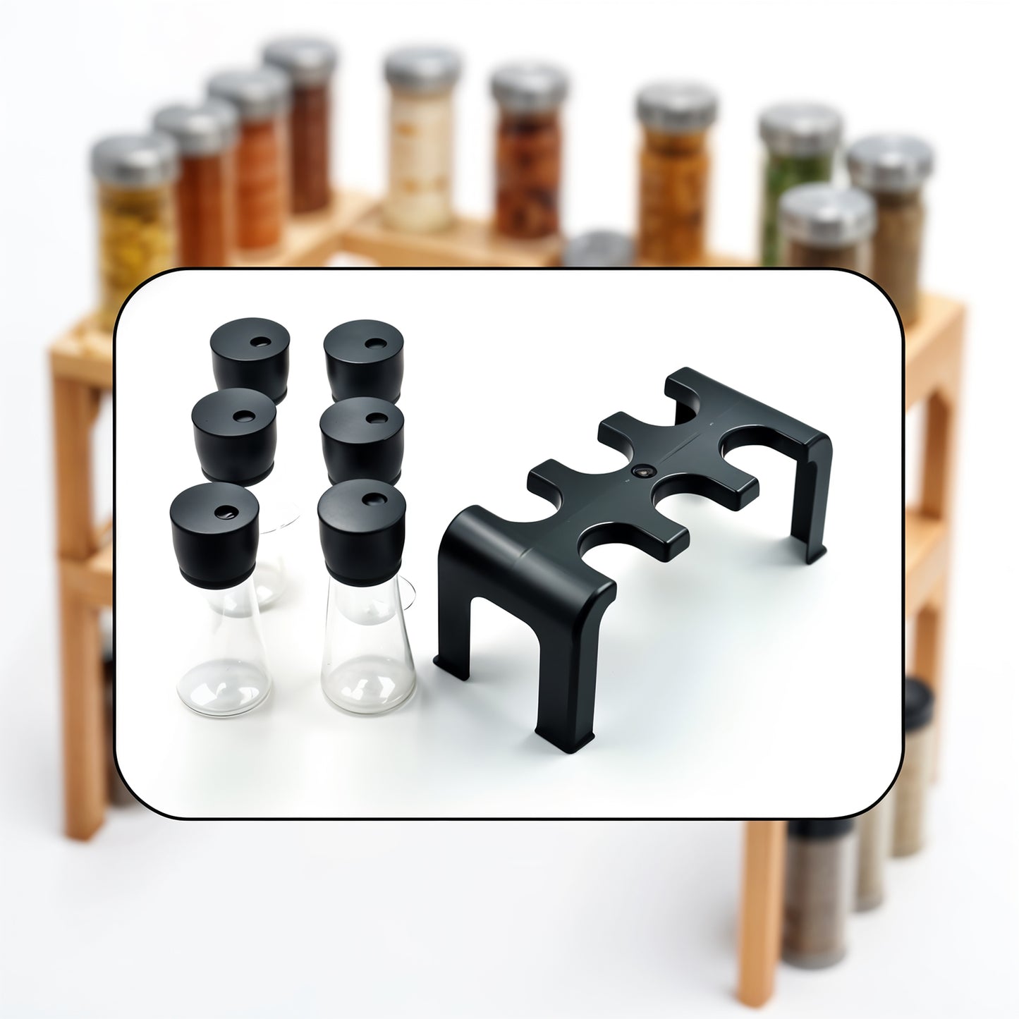 Six clear plastic spice jars with labels and a stand, part of the Wukusy 6-piece spice jar set for kitchen storage.