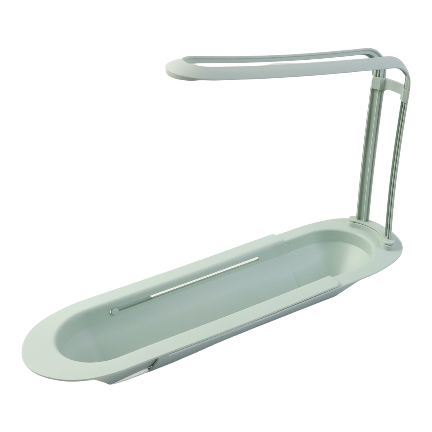 Plastic telescopic sink storage rack by Wukusy, adjustable extendable design for organized kitchen sink area.