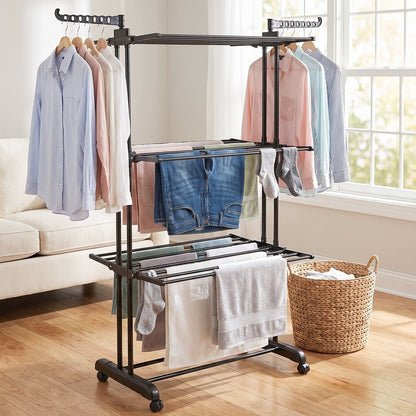 Wukusy metal expandable garment rack with three layers, wheels, and cloth drying stand for versatile clothing organization and drying.