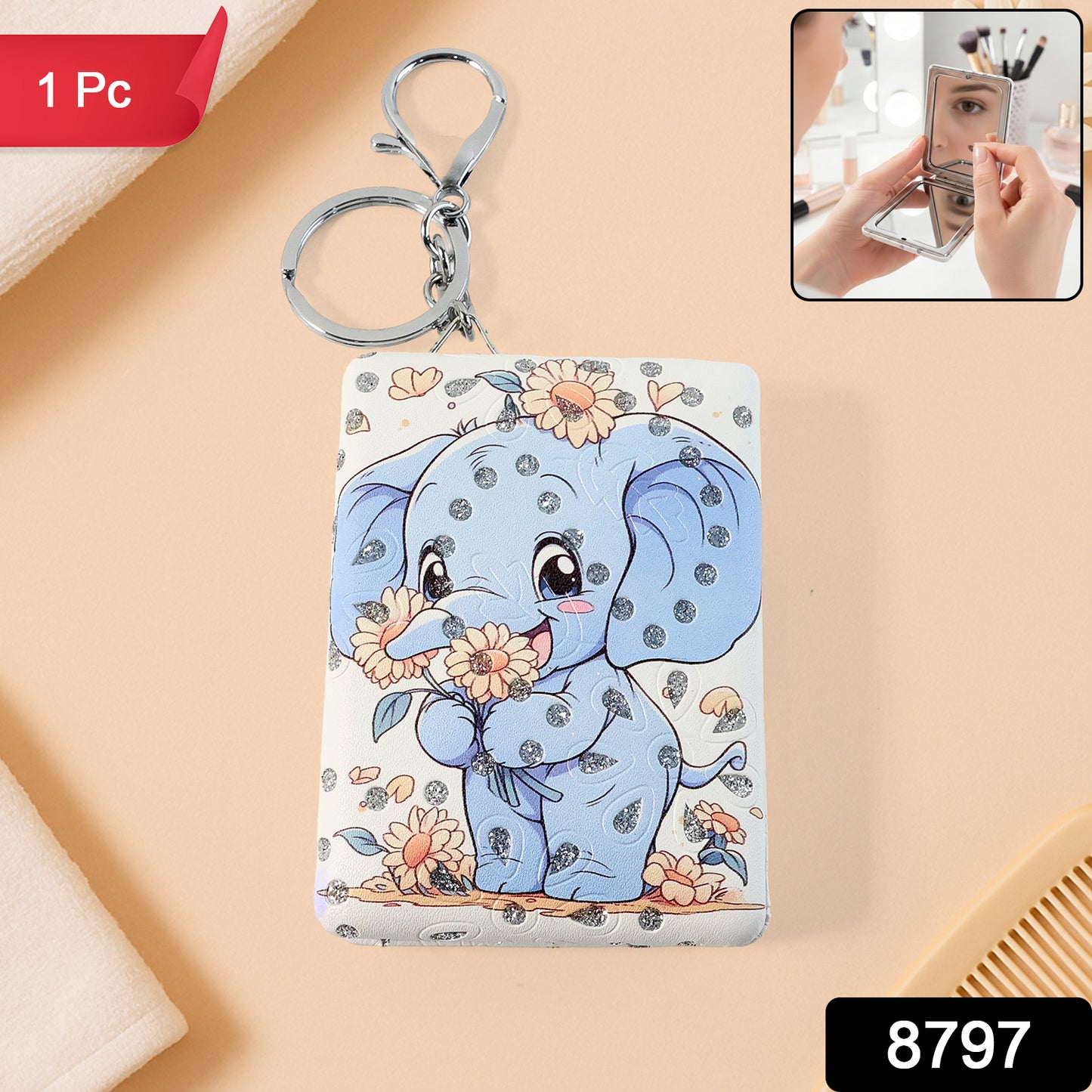 Wukusy foldable mirror keychain toy, compact and portable with a shiny reflective surface and colorful design.