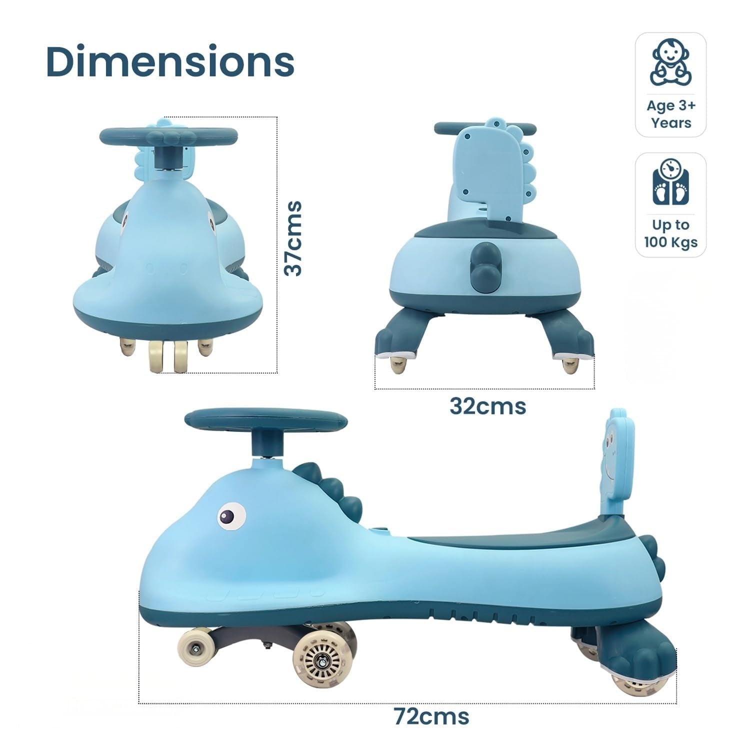 Blue Shark Kids Swing Car Ride-On Toy with music by Wukusy, featuring a fun twist design for children.