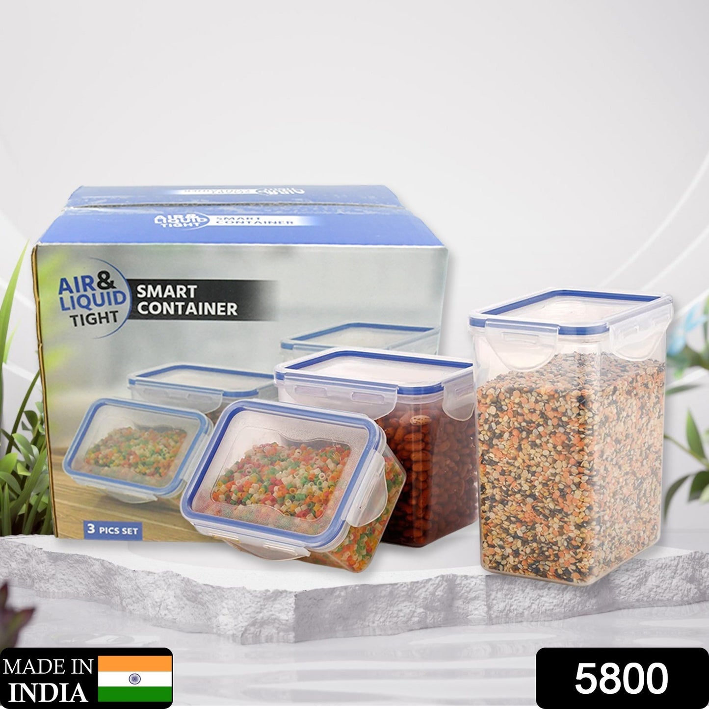 Wukusy 5800 Classics rectangular plastic food storage containers with leak-proof lids in set of 3, transparent with 500ml, 1000ml, 1500ml capacities