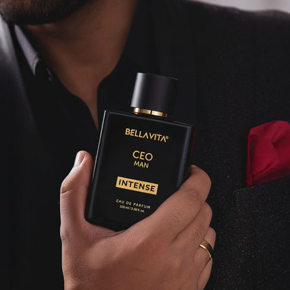 Bellavita Premium CEO Man Intense Eau De Perfume bottle by Wukusy, featuring sleek 100ml glass design and elegant branding.