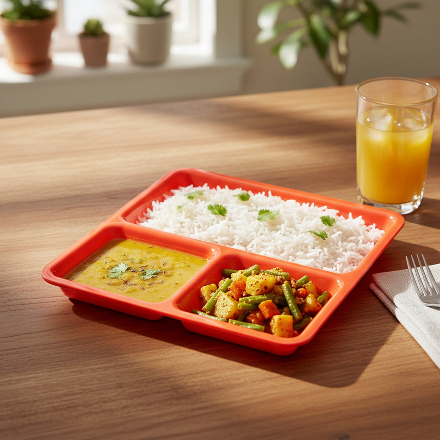 Wukusy plastic 3-compartment rectangular meal serving tray with divided sections, ideal for home and kitchen use
