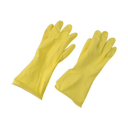 Pair of Wukusy Medium Victor Yellow Cleaning Rubber Gloves for kitchen dishwashing, reusable and durable.