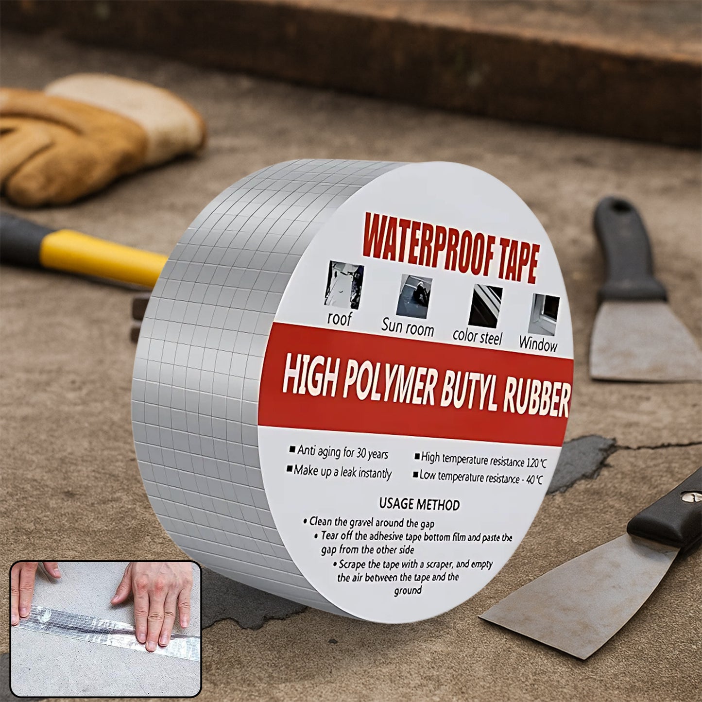 Wukusy high polymer butyl rubber waterproof B-grade tape, 50mm wide, used for sealing and waterproofing in home improvement projects.