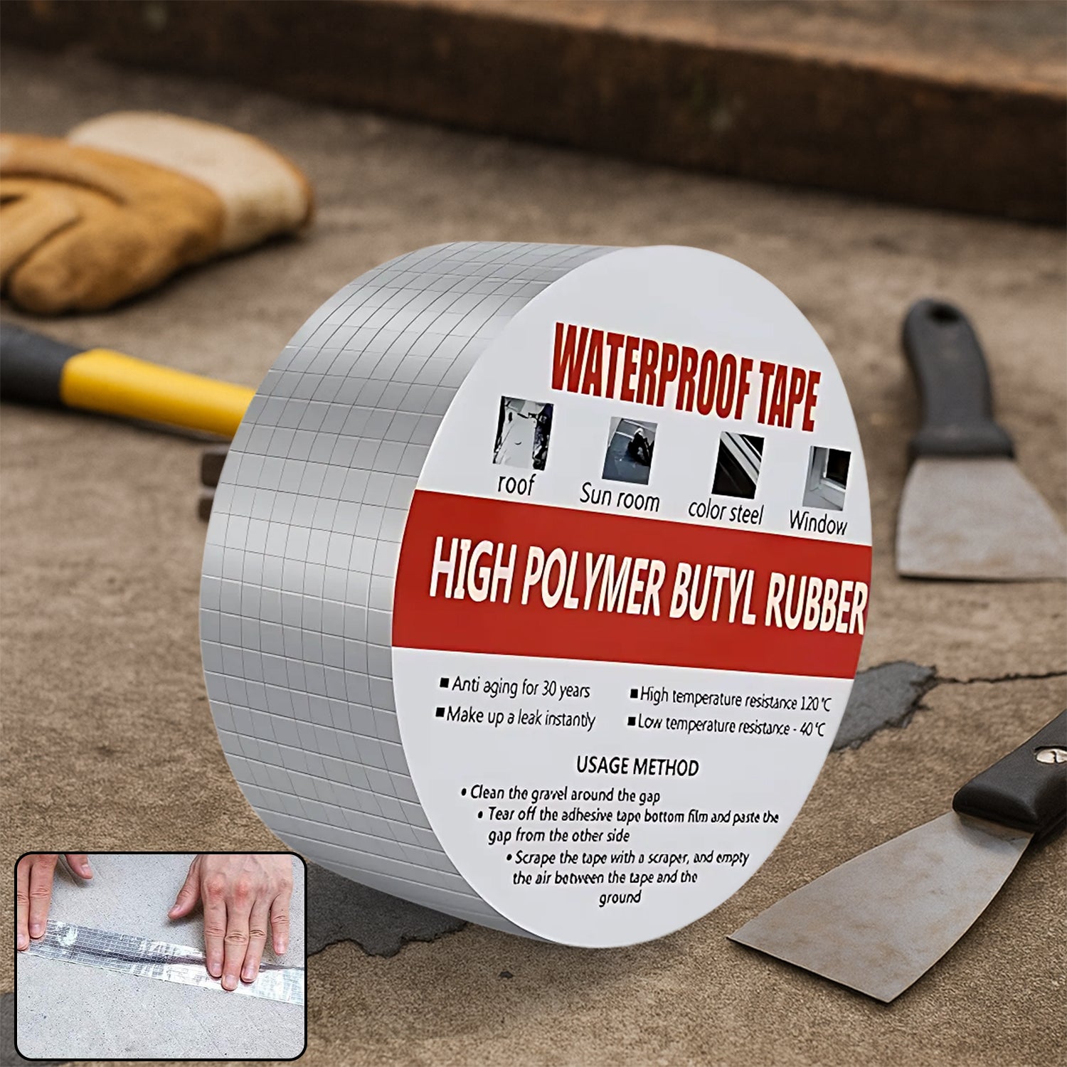 Wukusy high polymer butyl rubber waterproof B-grade tape, 50mm wide, used for sealing and waterproofing in home improvement projects.