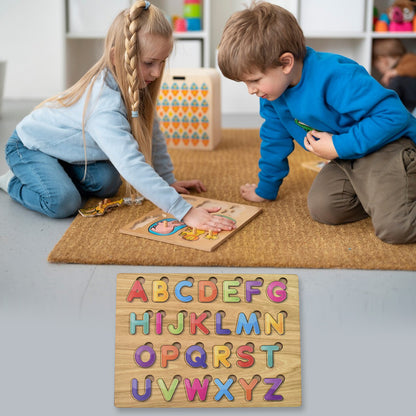 Wooden puzzle board with ABC letter shapes from Wukusy, ideal for educational learning and early childhood development.
