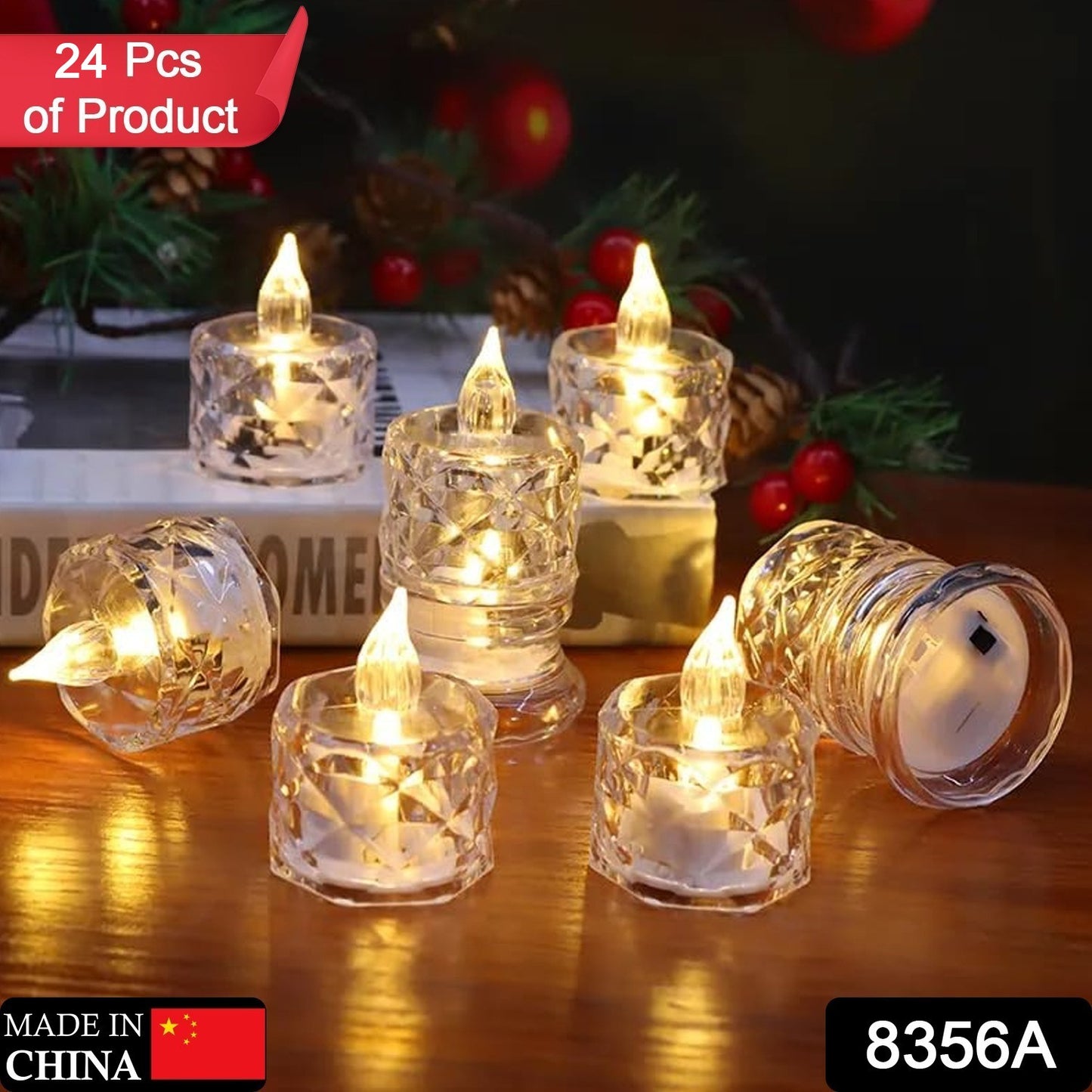 Wukusy 24-pack flameless acrylic LED tea light candles for home decor, Diwali, Christmas, and festive events.
